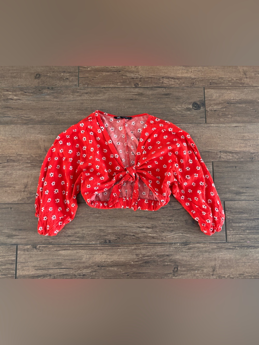Zara Red floral daisy tie top bandeau puff sleeve XS